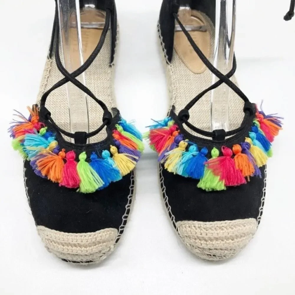 SCHUTZ Asha Black Suede Tassel Flat Espadrille